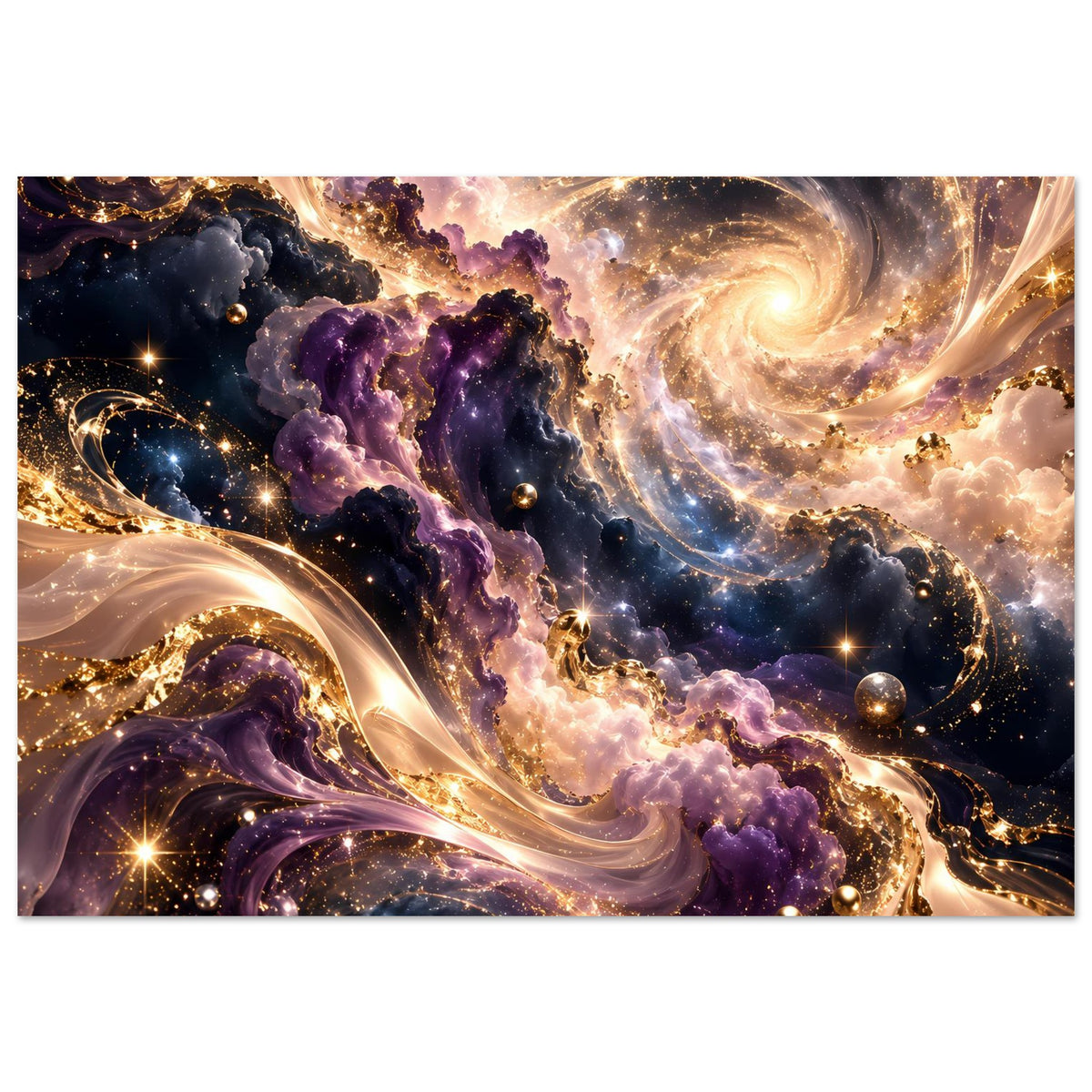 Kosmischer Kunstdruck mit violetten Wolken, goldglänzenden Schleifen und Sternstaub, breit