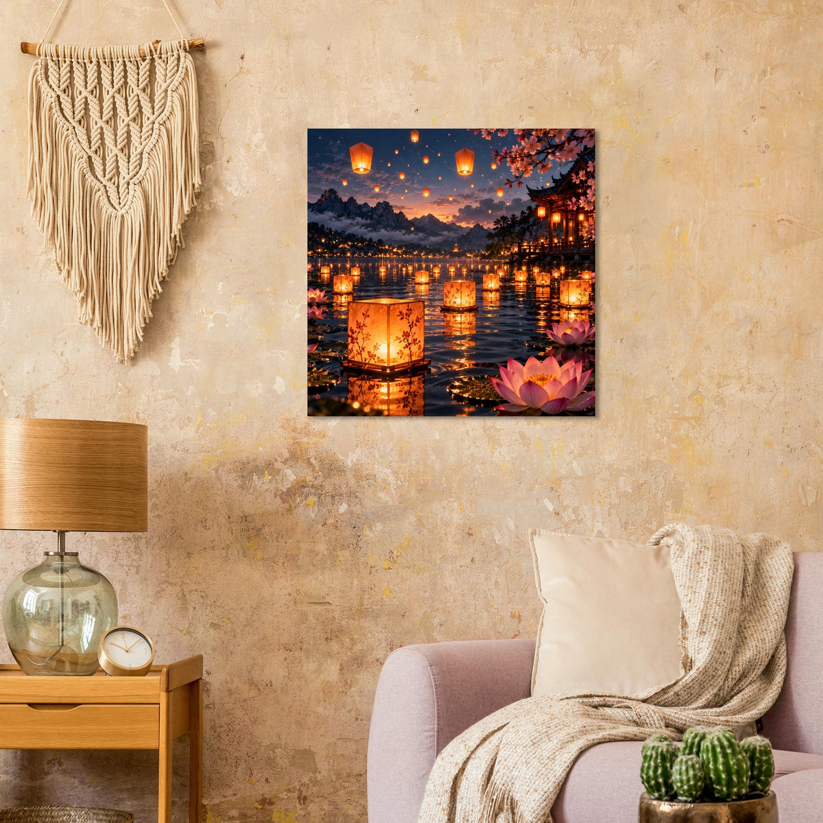 Quadratisches Wandposter mit Lampionen am Fluss, beleuchteten Lichtern und Lotusblüte