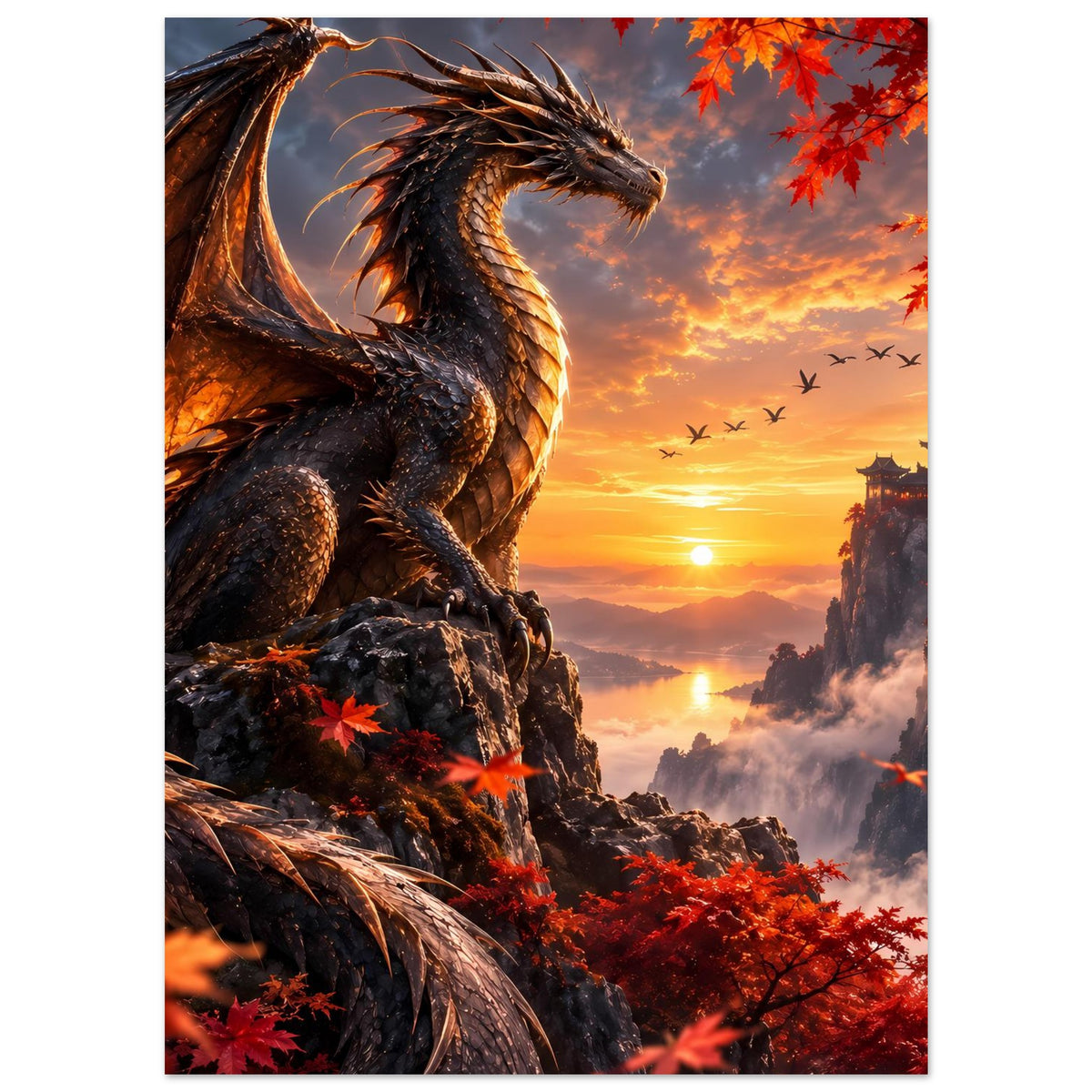 Drachenkunst-Poster: ganzer Drache auf Felsen, leuchtender Sonnenkreis, rote Blätter am Rand