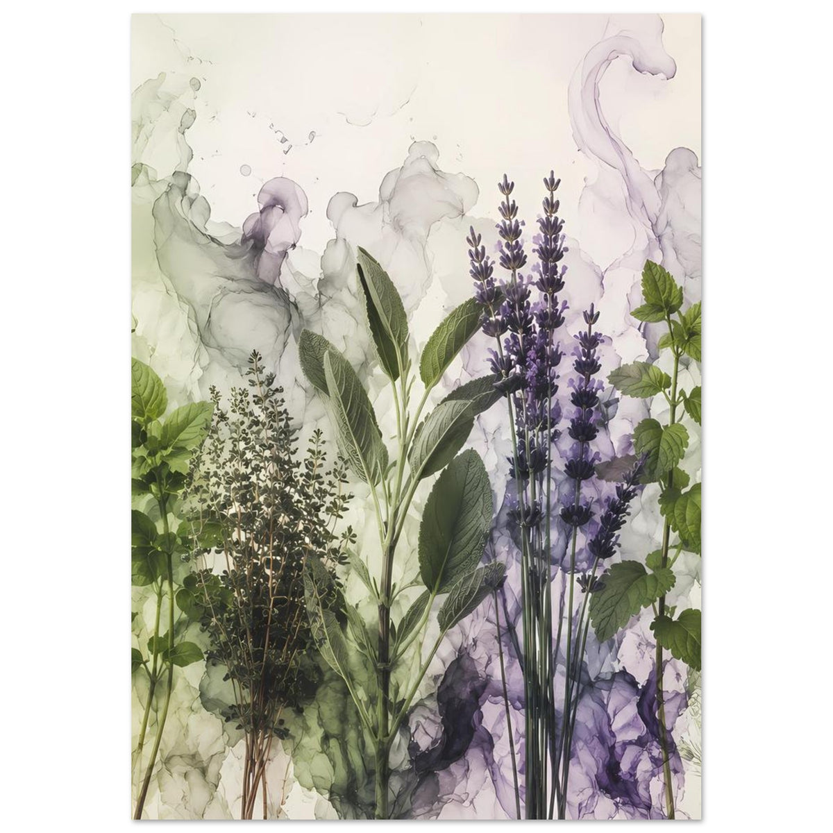 Botanisches Poster mit Lavendelblüten und grünen Kräutern, Aquarell-Textur, Hochformat