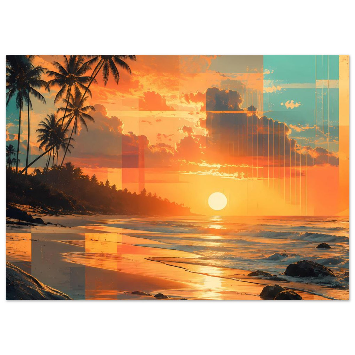 Horizontales Poster mit warmen Sonnenuntergangsfarben, Palmen, Strand und Wellen