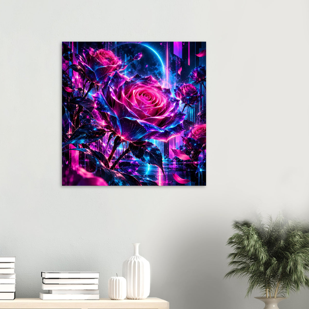 Kleines Kunstposter mit Neonrose in Pink und Blau, leuchtende florale Komposition