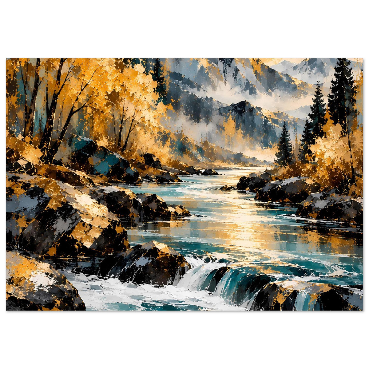 Herbstlandschafts-Poster (quer) mit Fluss, Wasserfall, goldenen Bäumen, dunklen Gesteinen und Himmel