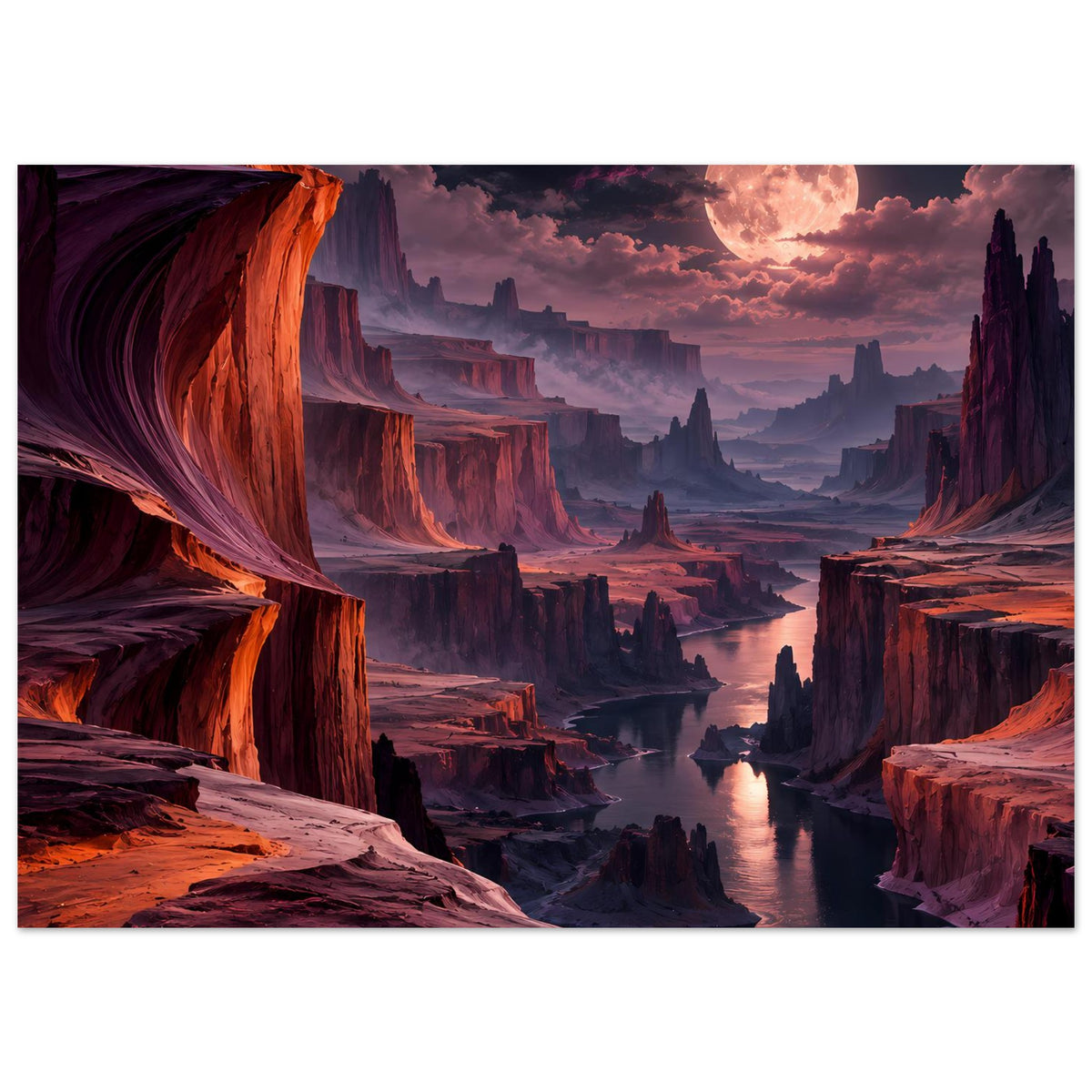 Horizontales Landschaftsposter mit Canyon, Fluss und großem Mond, Farbverlauf in Rot und Violett