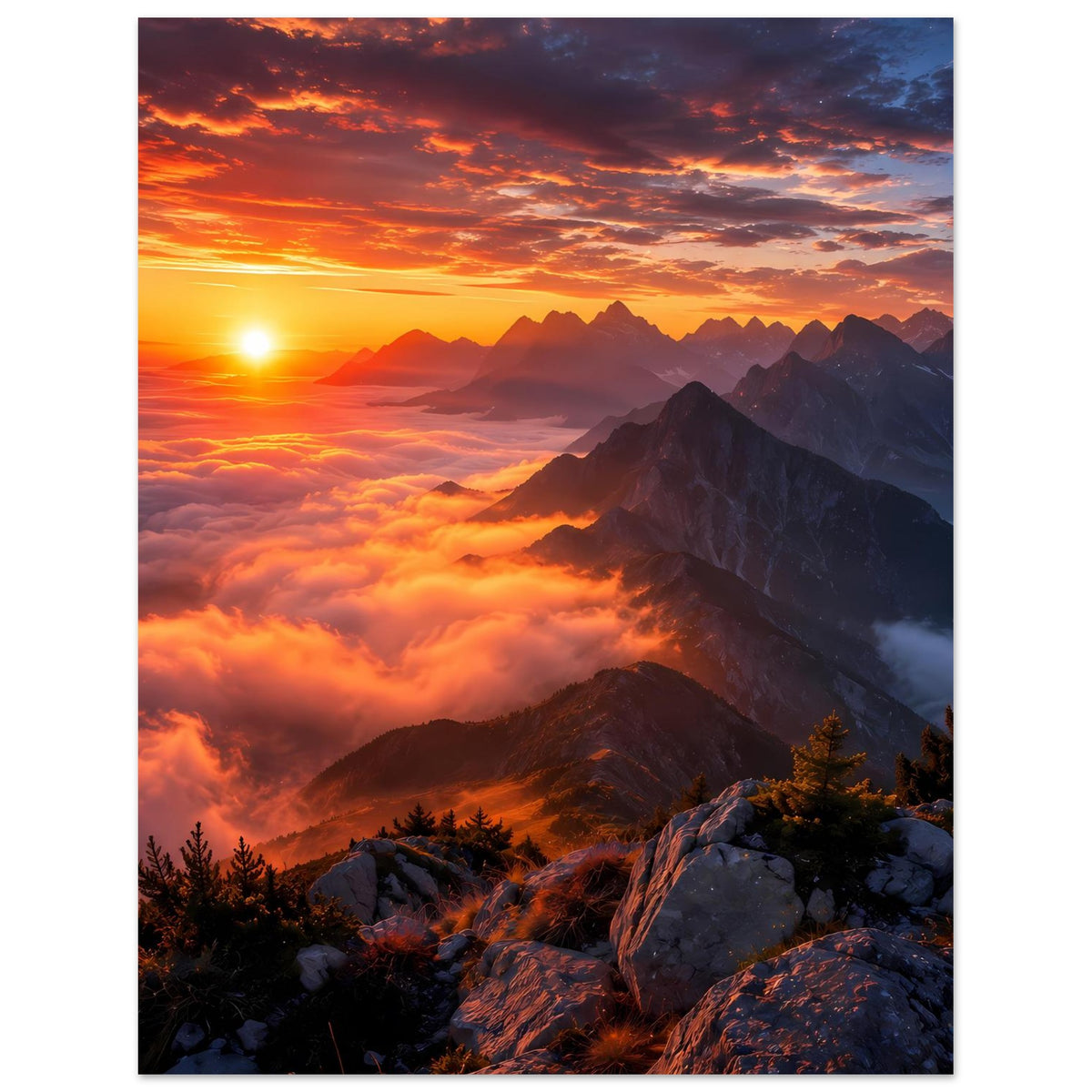 Vertikales Poster mit Sonnenaufgang über Bergkette, Wolkenmeer und Felsvordergrund