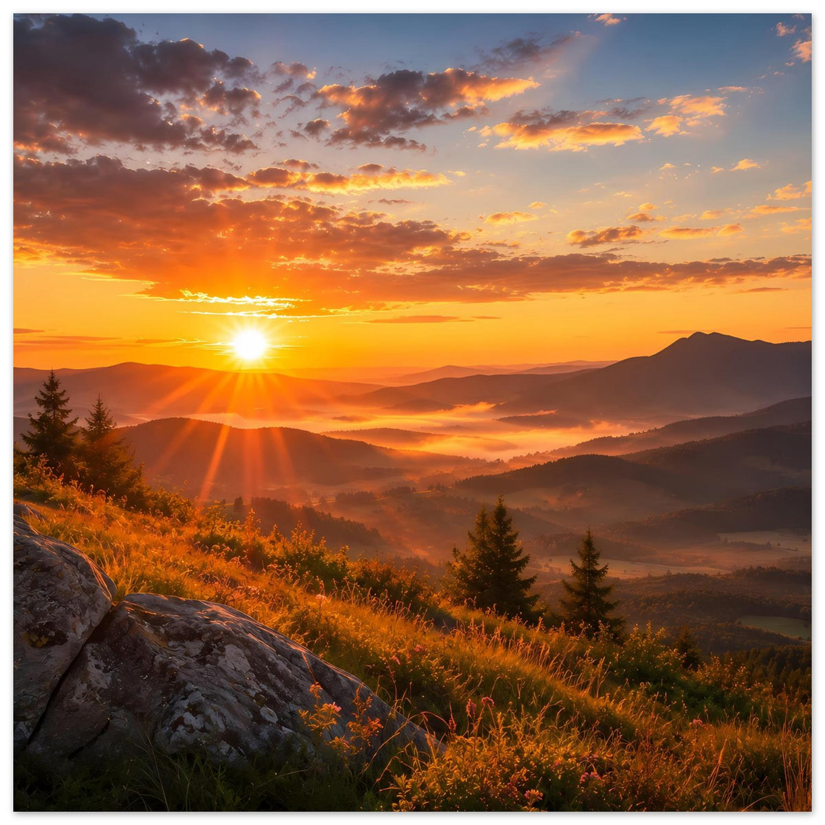 Landschaftsposter im Querformat: Sonnenschein über Bergen, Tannen und Felsen