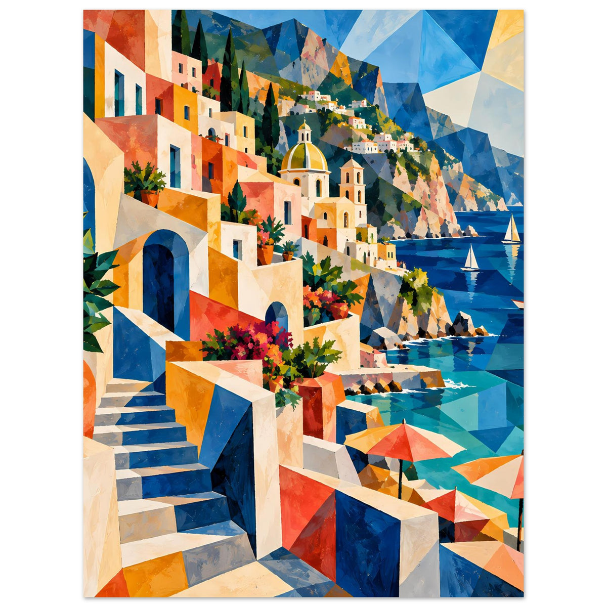 Mediterranes Küstenkunstposter mit Treppe, Häusern, blauem Wasser und Booten