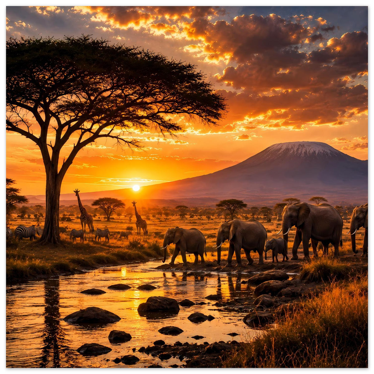 Safari-Poster: Elefanten an Pfützen am Fluss, Akazie und Berg bei Abendsonne