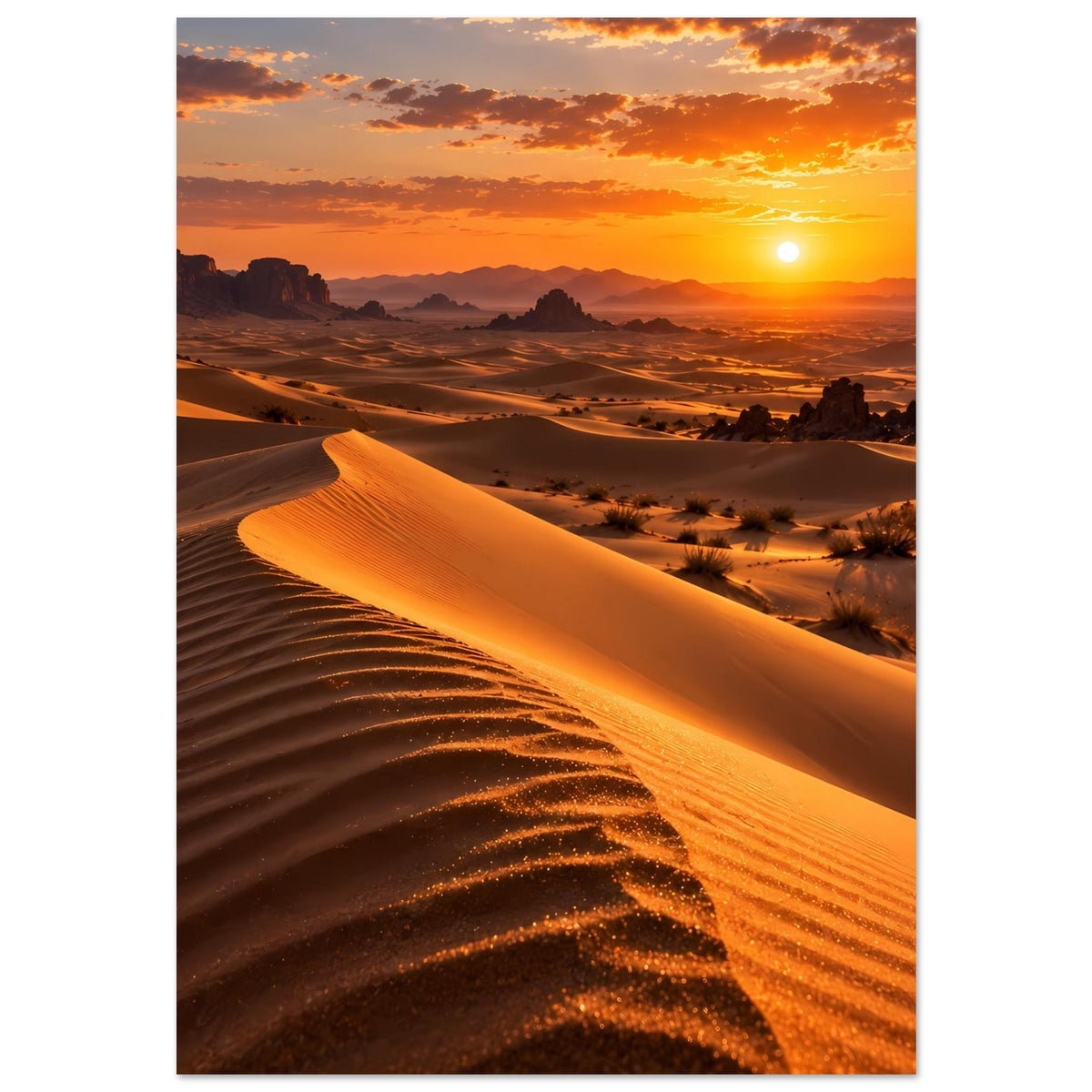 Wüstenposter mit Blick auf geschwungene Dünen und goldene Sonne bei Sonnenuntergang