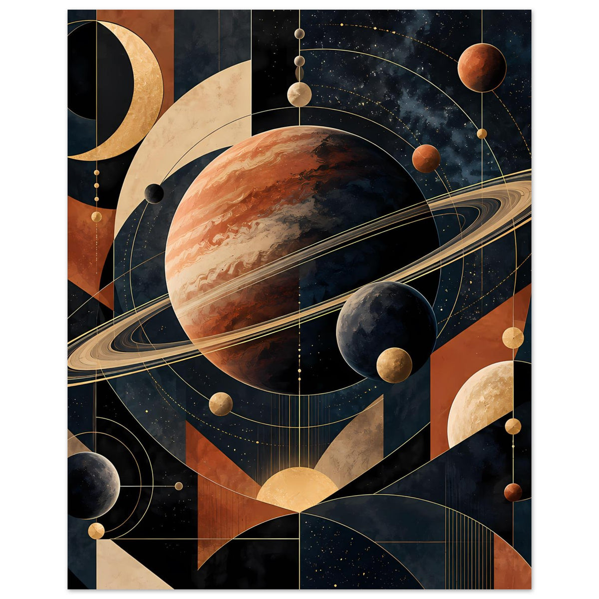 Poster mit zentralem Planeten, Ring und mehreren Monden, goldene Bahnen und geometrische Flächen