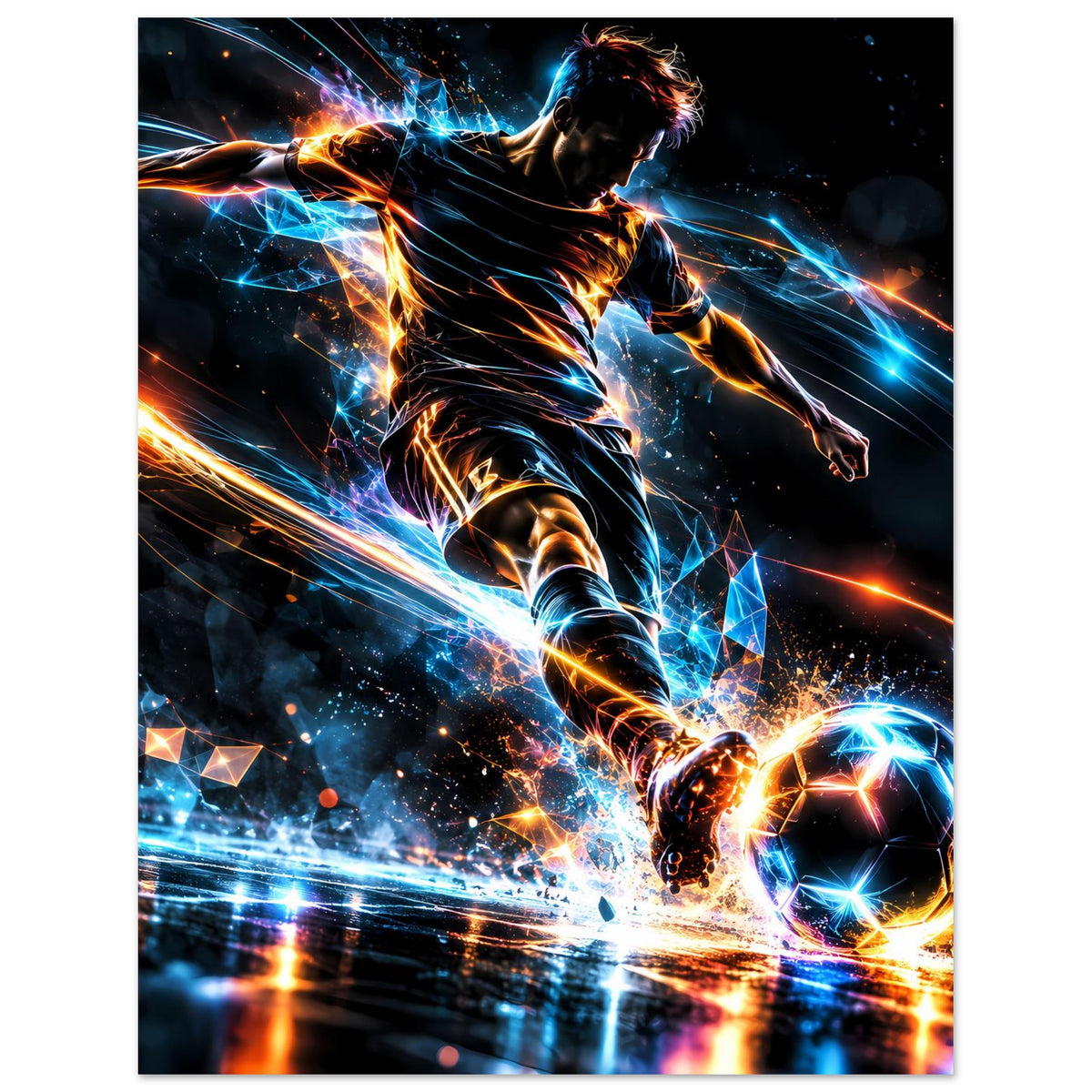 Neon-Fußballposter: Stürmer mit Energie-Lichtbahnen und Ball rechts unten