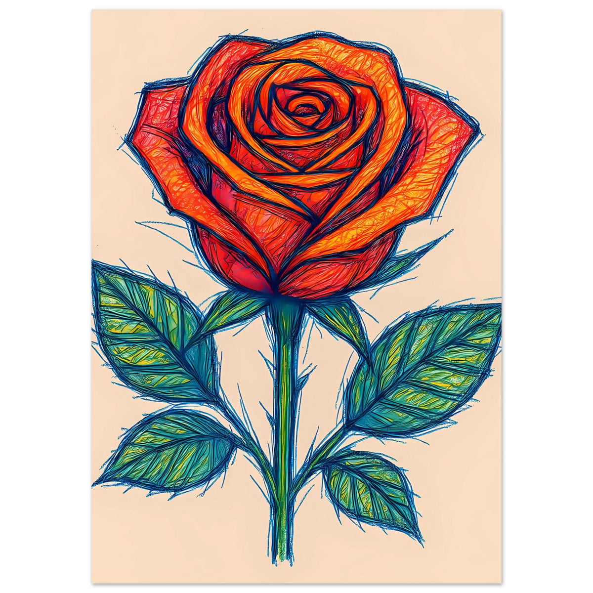 Poster mit Rosen-Skizze: rote Blüte und grüne Blätter auf beigem Grund.