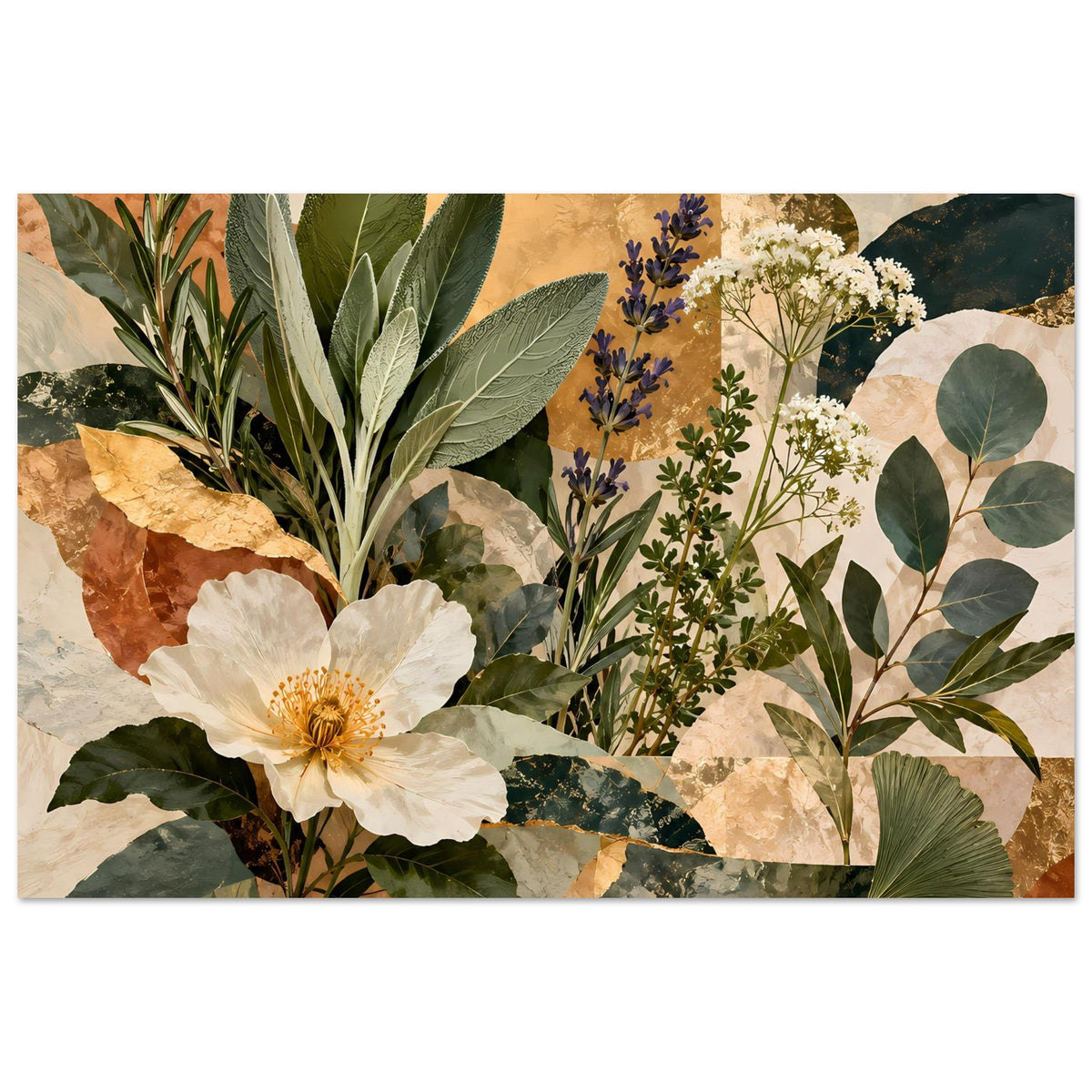 Botanisches Poster mit weißer Blüte, grünen Blättern und blau-violetten Blüten in warmen Erdtönen