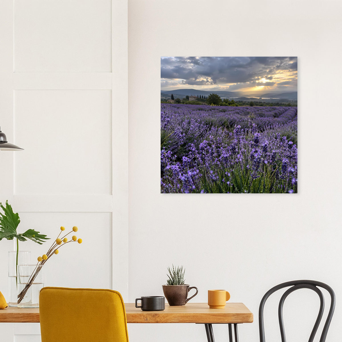 Poster mit Lavendelfeld und Abendhimmel mit Sonnenstrahlen