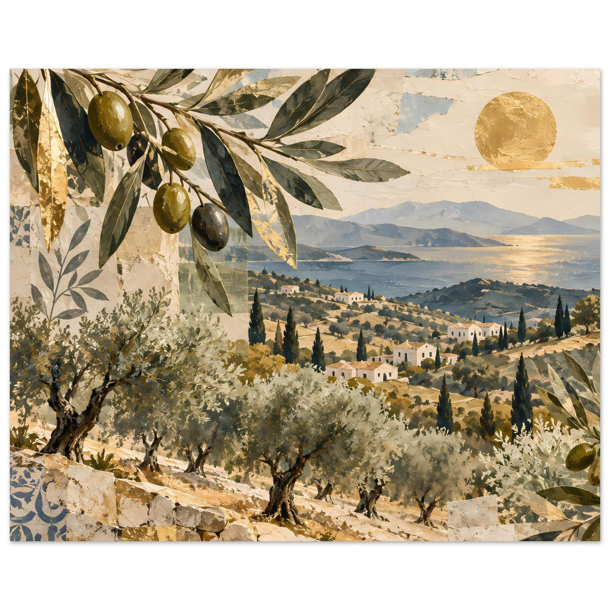 Mediterranes Olivenhain-Poster mit Olivenhain, Dorfansicht, Bergen im Hintergrund und Rundsonne