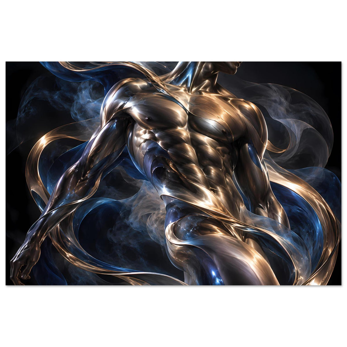 Horizontaler Poster: Metallskulptur mit gold-silbernen Strähnen und blauem Nebel