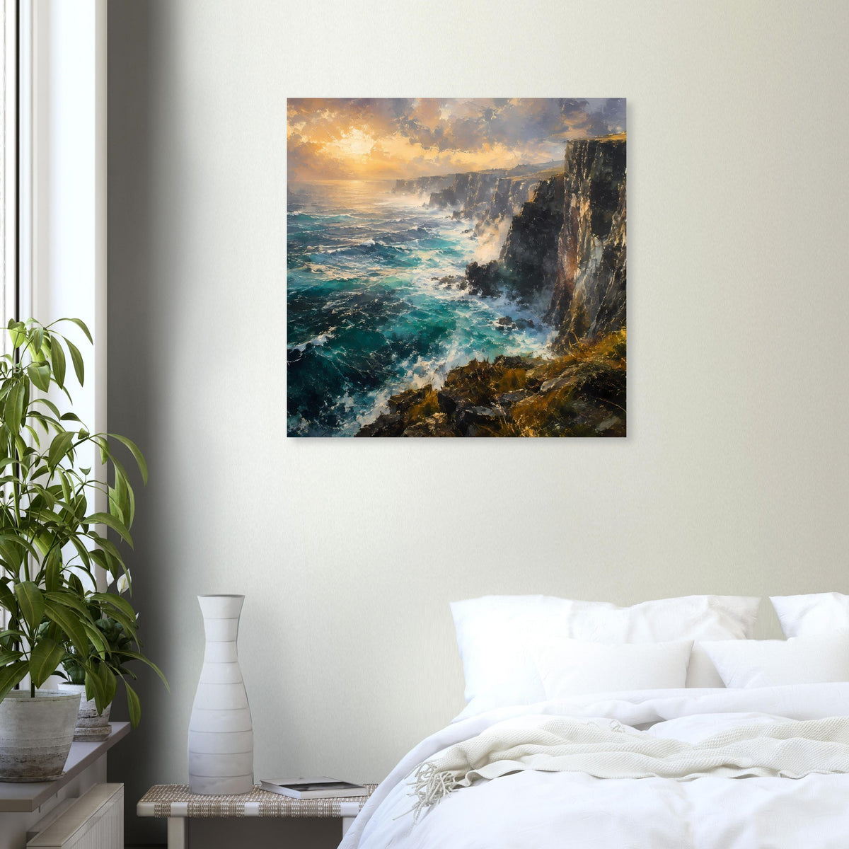 Poster mit Küstenfelsen und türkisblauen Wellen, orangefarbenes Abendlicht