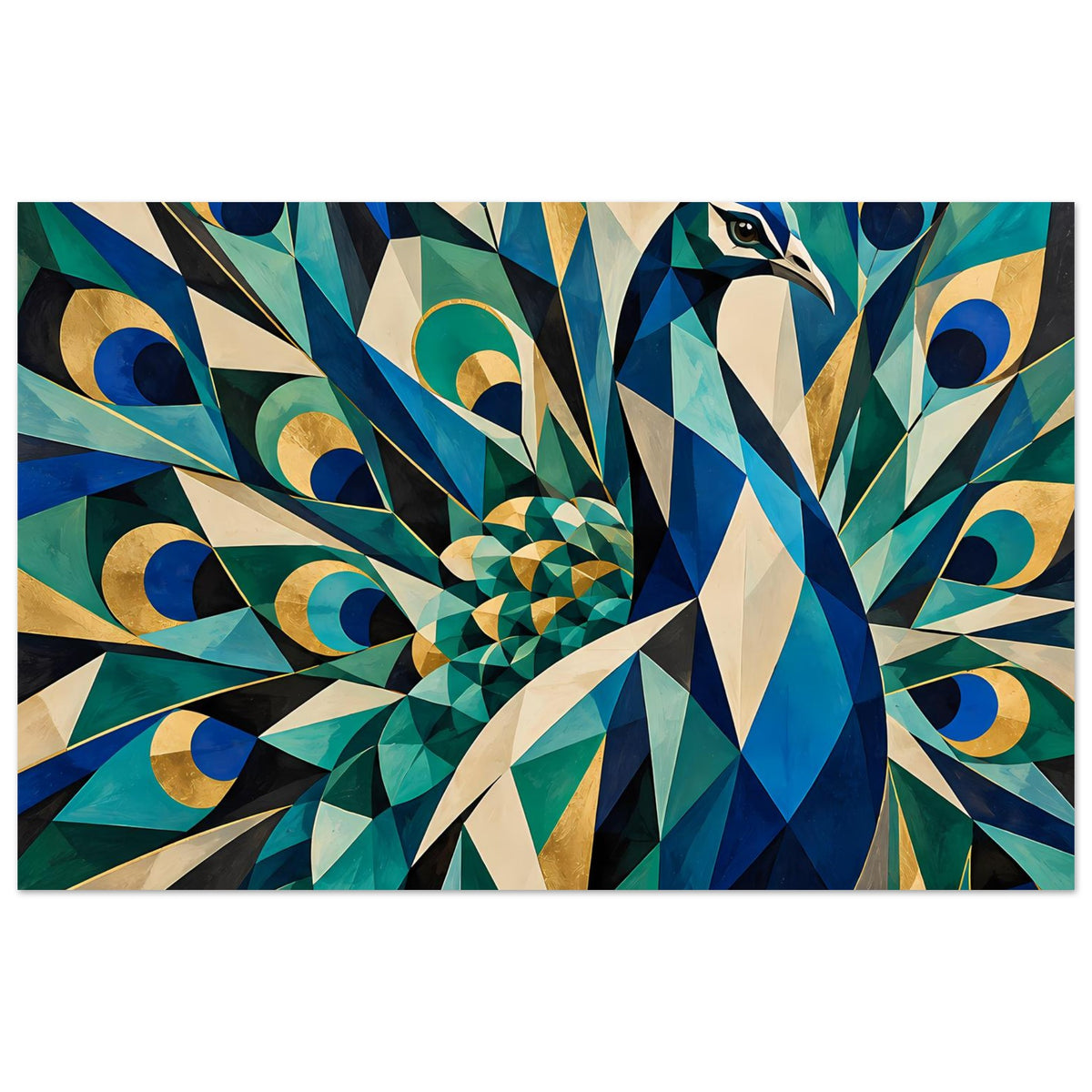 Geometrisches Pfau-Poster: stilisierter Blau-Gold-Vogel mit geometrischen Dreiecken
