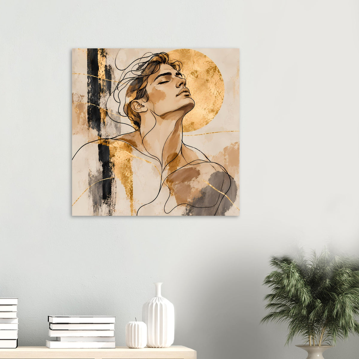 Wandposter mit Frauenporträt, warmen Beige- und Goldtönen, Konturlinien und Fleckenoptik