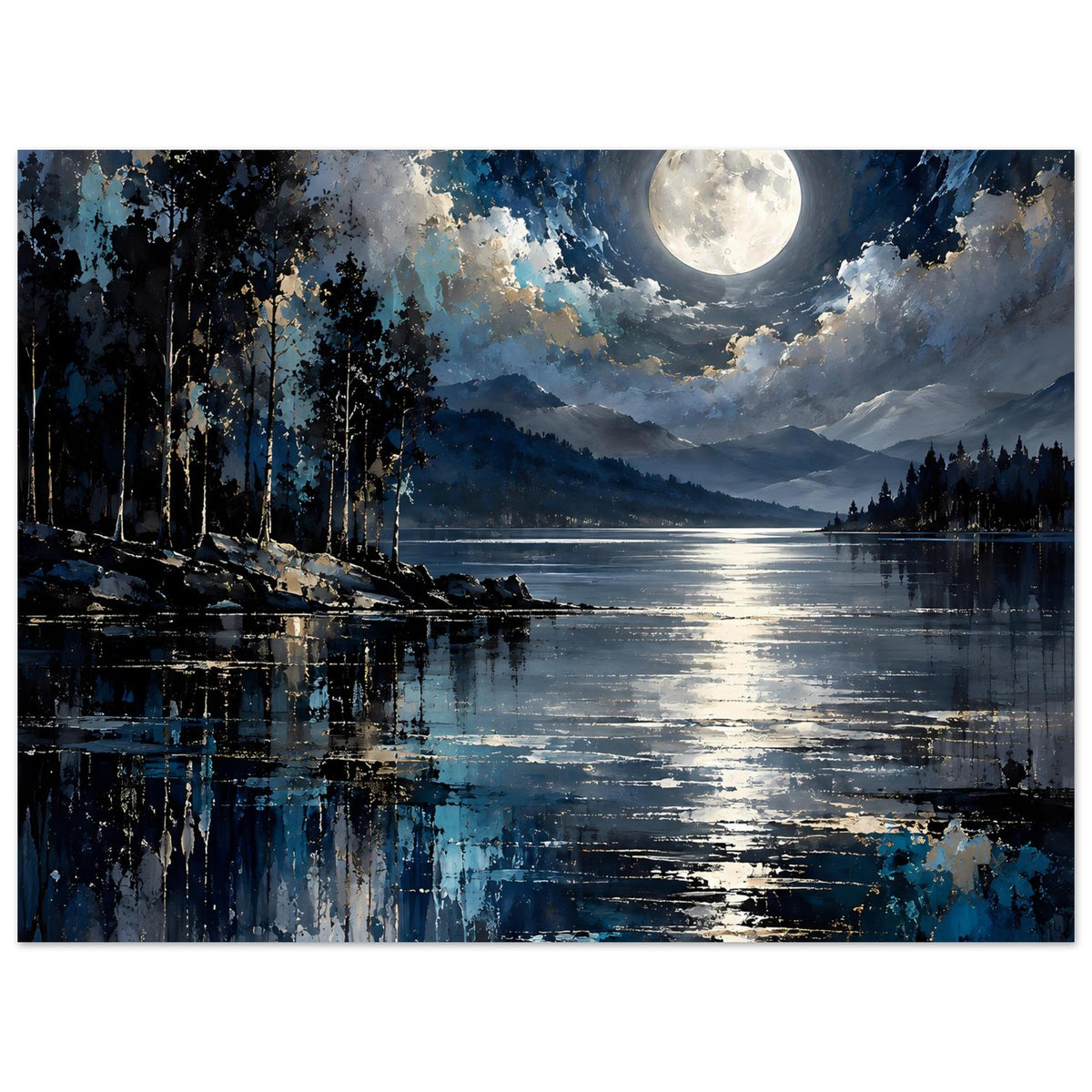 querformatiges Landschaftsposter: großer Mond über See, Berge, Bäume und breite Wasserspiegelung