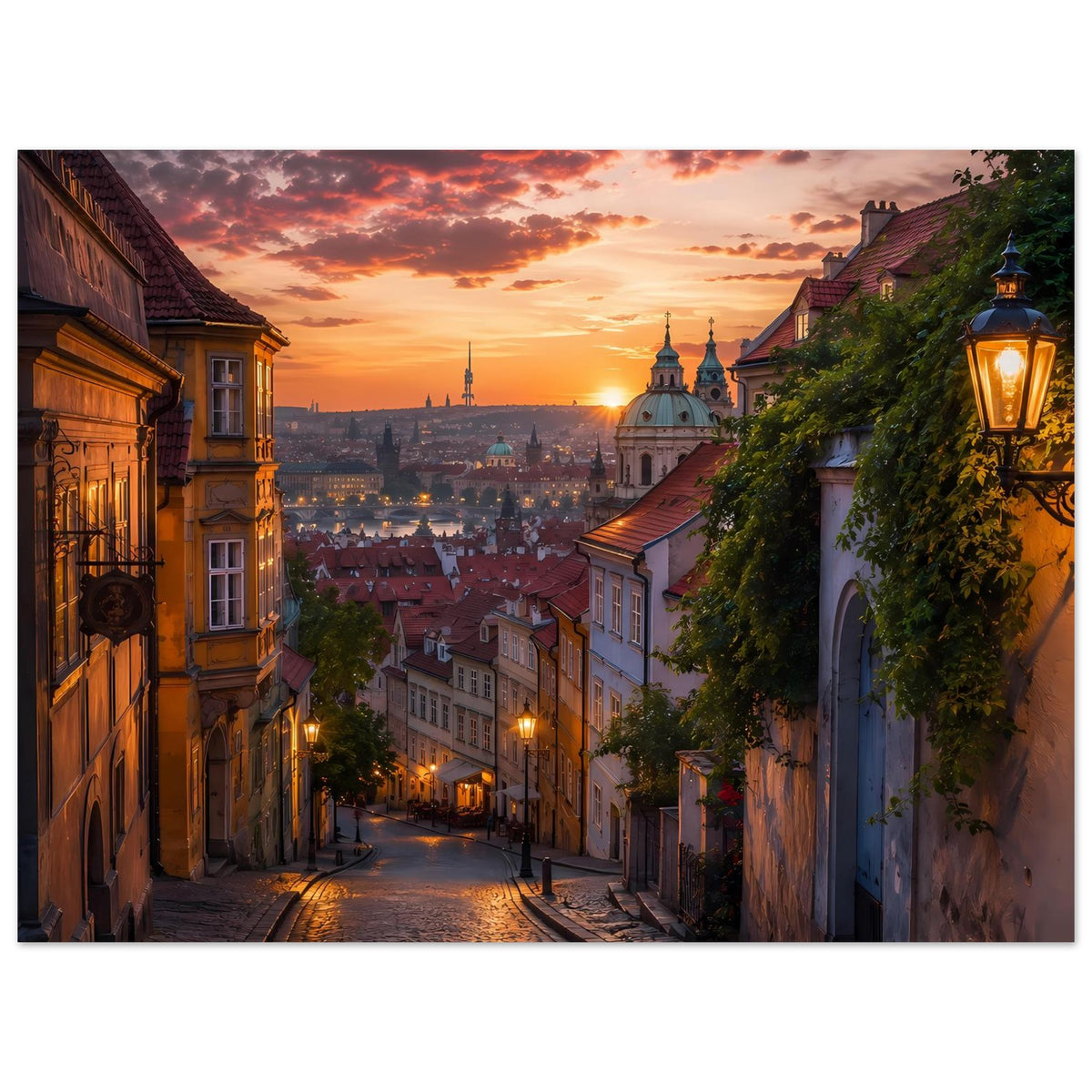 Horizontales Fotoposter: Altstadtgasse mit Laterne und Kirchtürmen