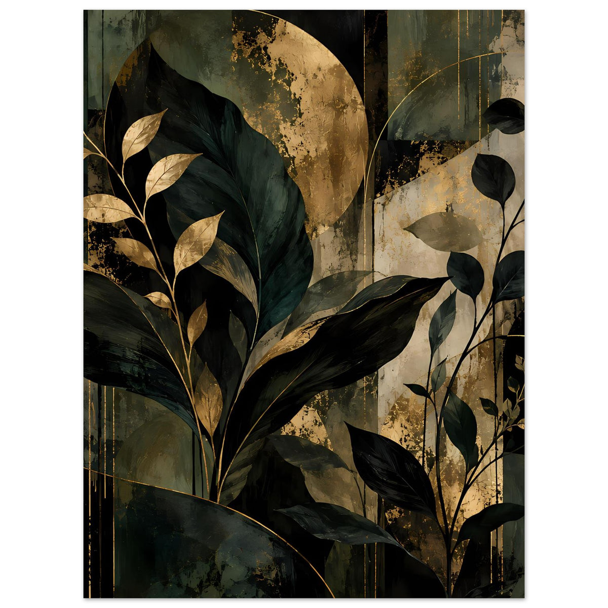 Kunstposter im Hochformat mit Pflanzenmotiven, kräftige Grünnuancen und goldene Sprenkel
