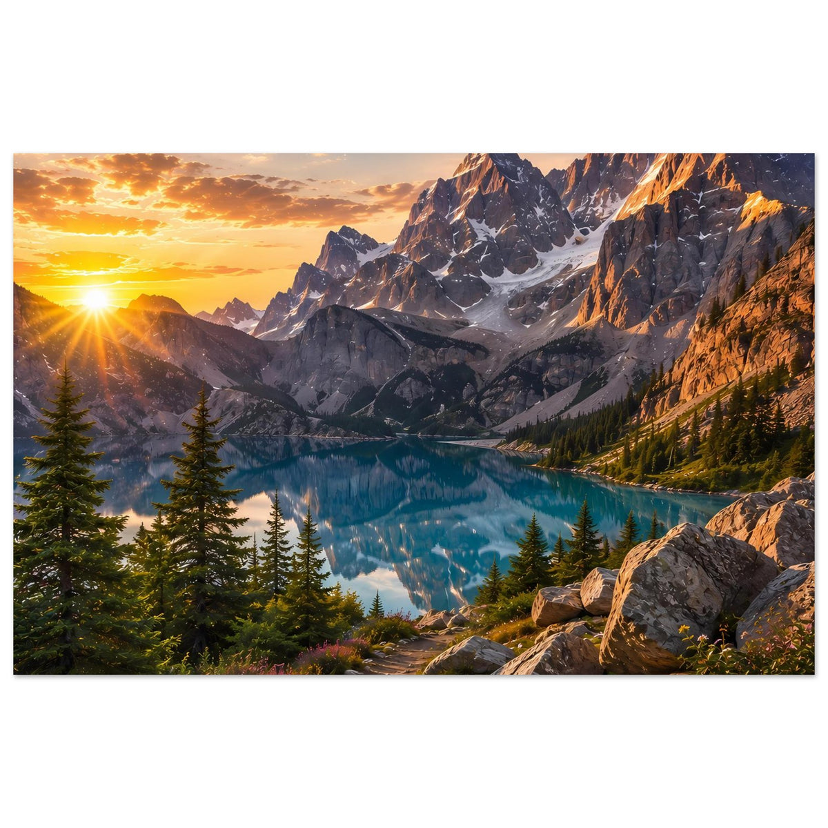 Majestätisches Berg-Sonnenaufgangs-Poster: See und Alpenfelsen im warmen Sonnenlicht