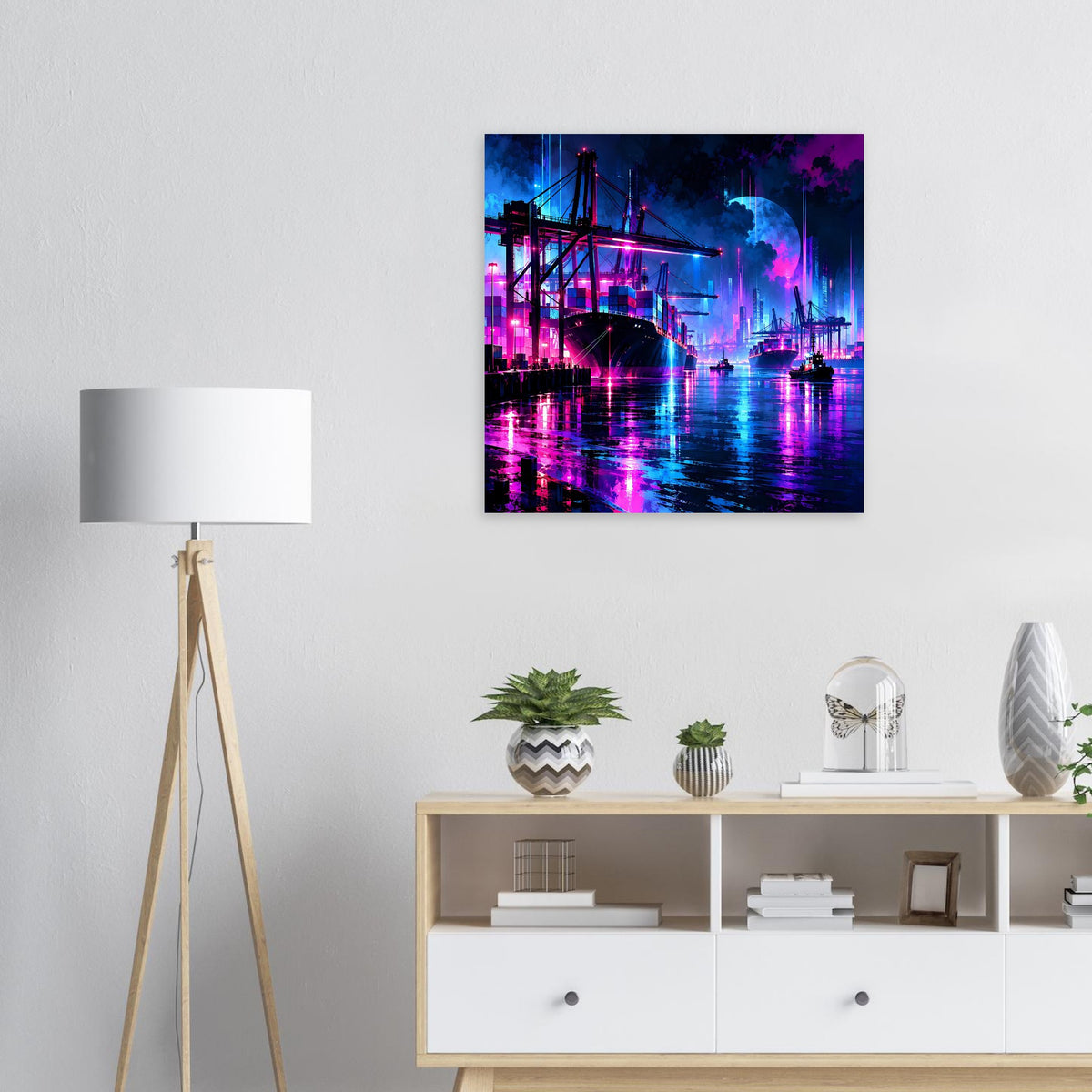 Neon-Hafenposter mit blau-violettem Lichtermeer und reflektierendem Hafenbecken
