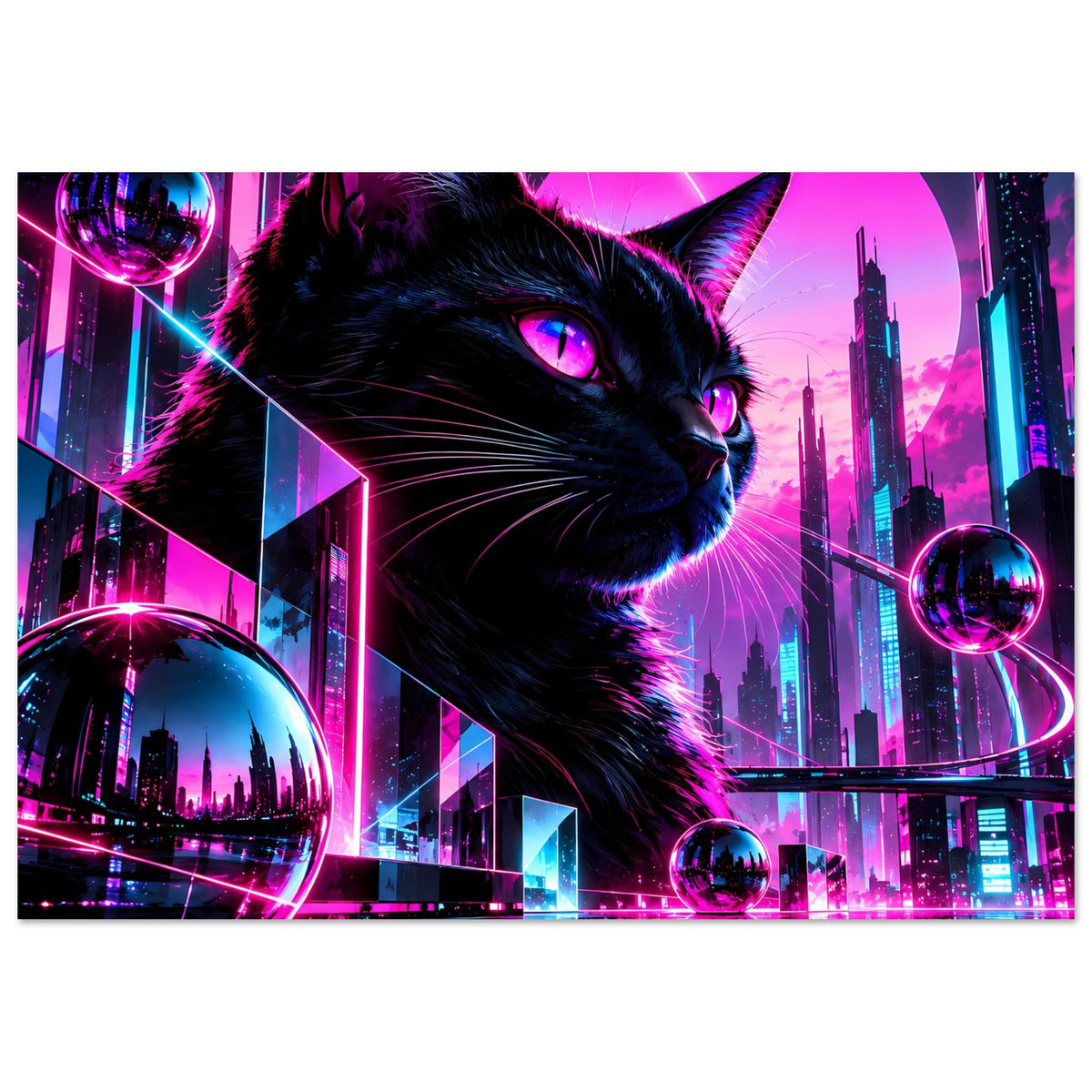 Neon-Katzenposter mit schwarzer Katze, pink-lilanem Cyberpunk-Stadtbild und Leuchtelementen