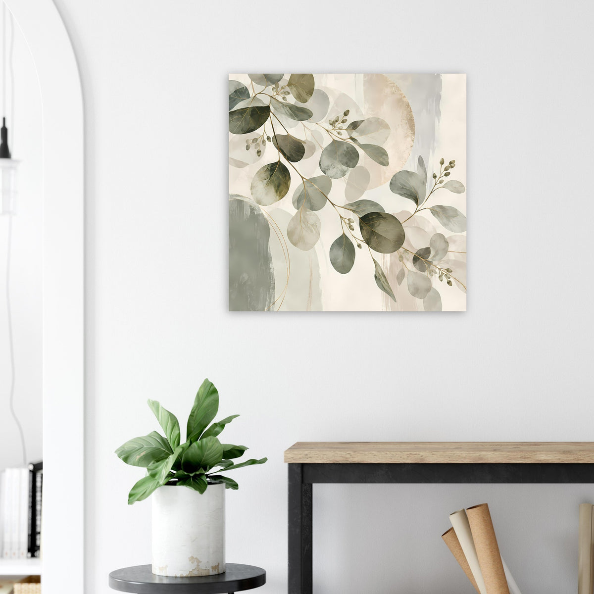 Quadratisches Blattwerk-Kunstposter mit grünen Blättern und beiger Farbfläche