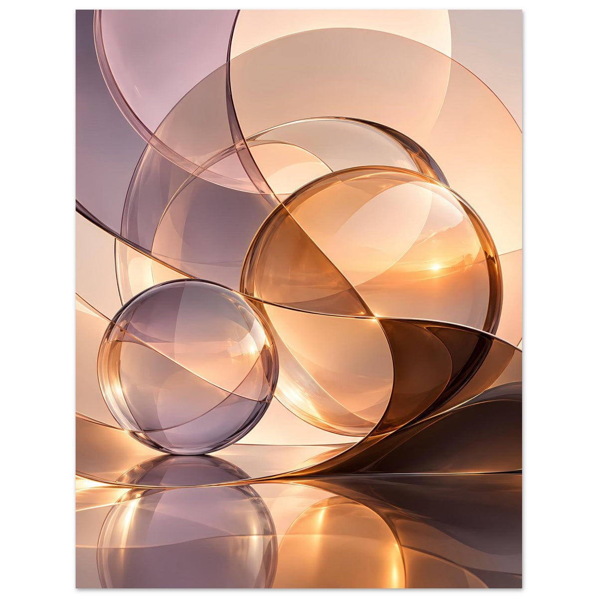 Poster mit großen Glaskugeln und warmen, goldenen Kurven in abstraktem Glasdesign