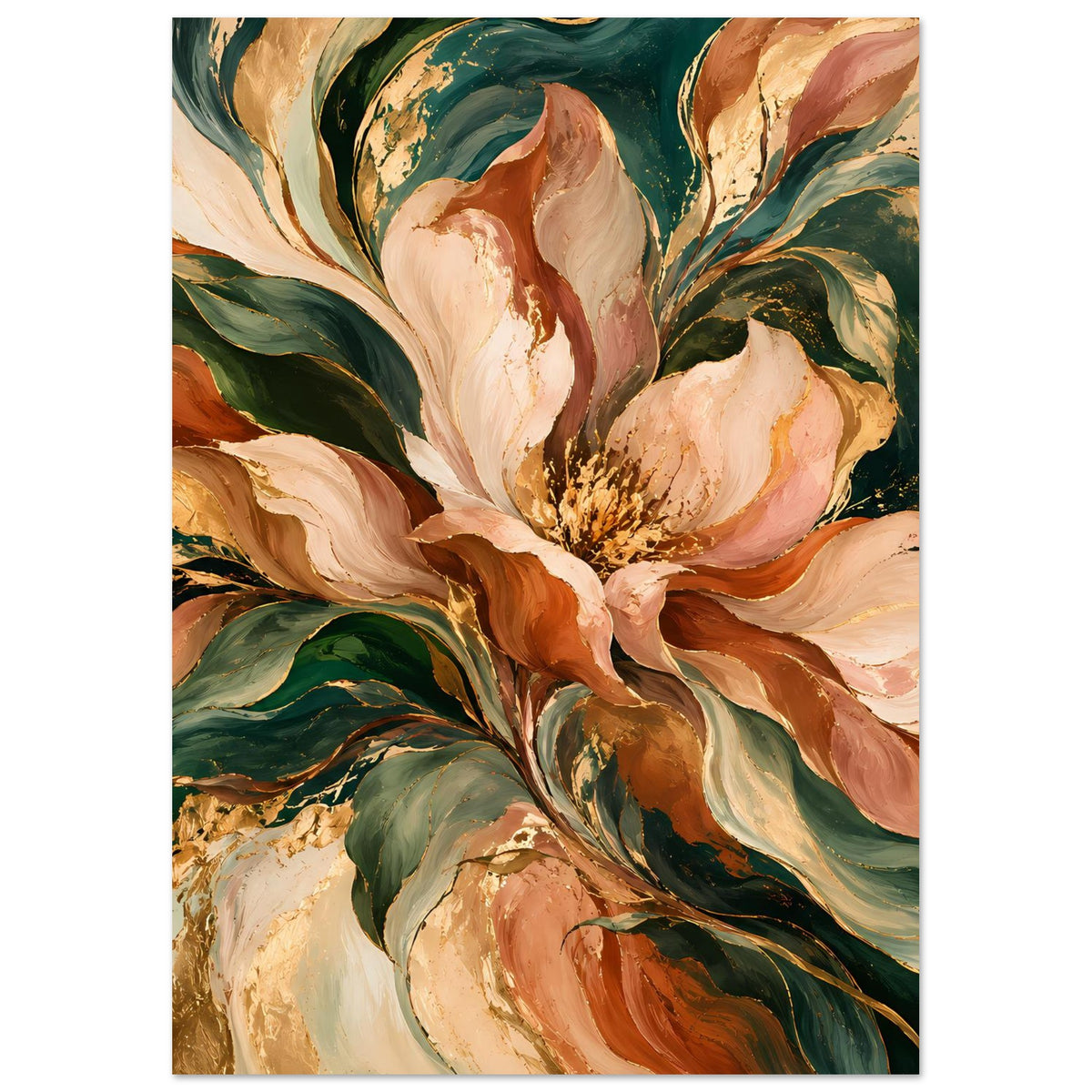 Blumenposter mit Pfingstrosen in Creme, Terrakotta und Dunkelgrün auf Mattpapier