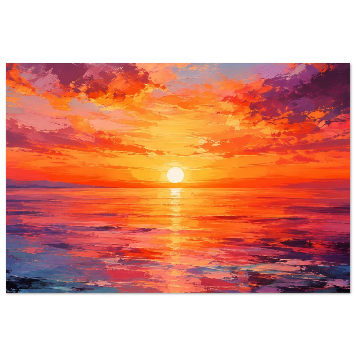 Poster im Breitformat: orange-violetter Sonnenuntergang mit Wolken und Wasserreflexion.