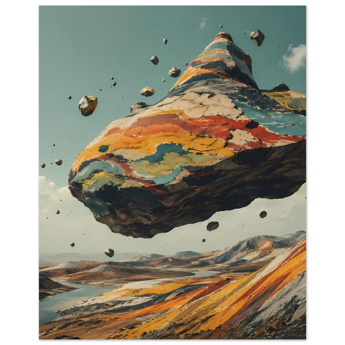 Poster mit schwebendem Berg, kräftige Erdfarben und zahlreiche fliegende Gesteinsteile