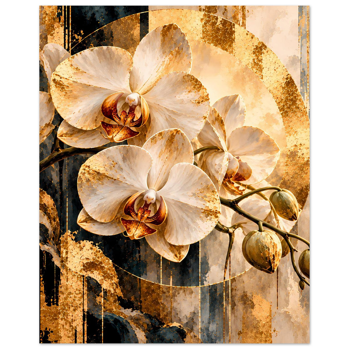 Orchideen-Kunstposter, naher Ausschnitt mit cremefarbenen Blüten und goldfarbenen Highlights