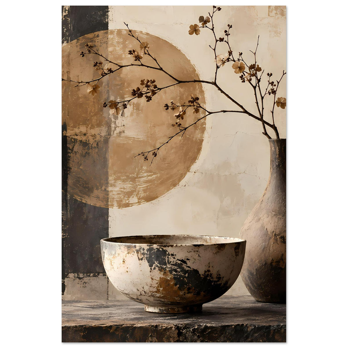Stillleben-Poster (Hochformat) mit Vase rechts, Schale vorn und verzweigten Ästen