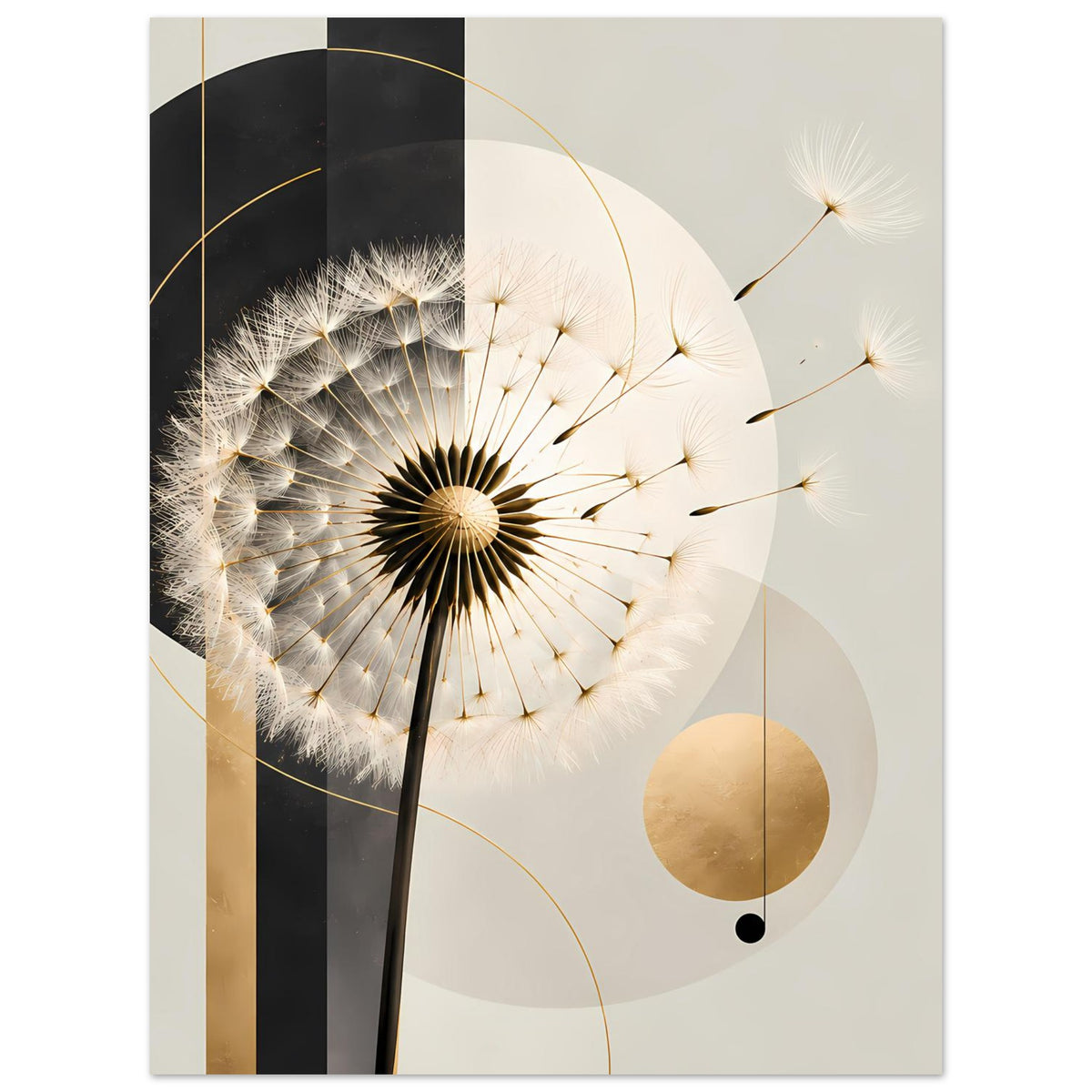 Poster mit Pusteblume im Zentrum, goldene Akzente und beige Kreisformen