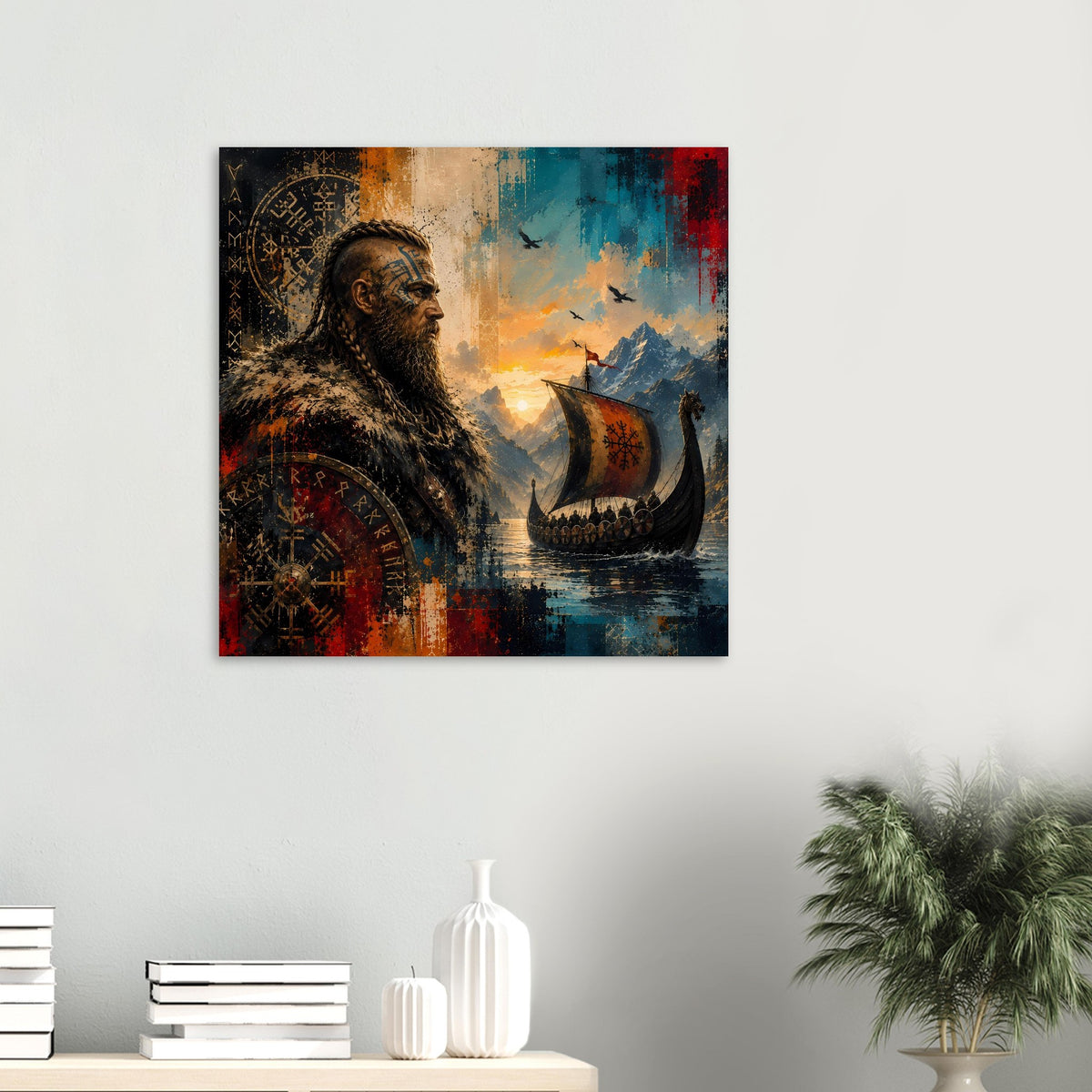 Kleines Saga-Poster: Wikingerkrieger mit Rundschild und Langschiff auf dem Meer