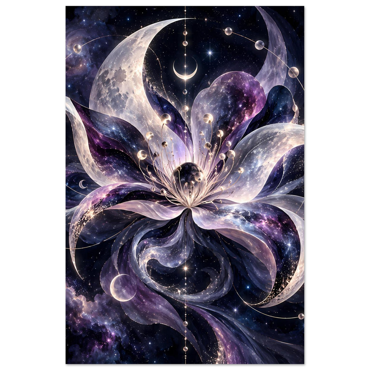 Kosmische Blüte mit Monden, Planeten und Sternen in violett-blauem Weltraum – Motivansicht 46