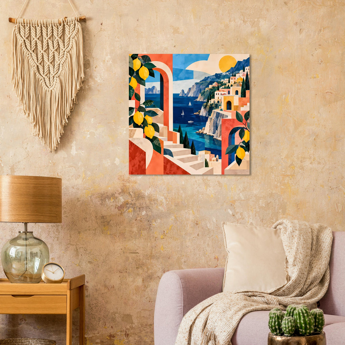 Wandposter mit Küstenpanorama, blauem Meer, orangefarbenen Details und Zitronenranke