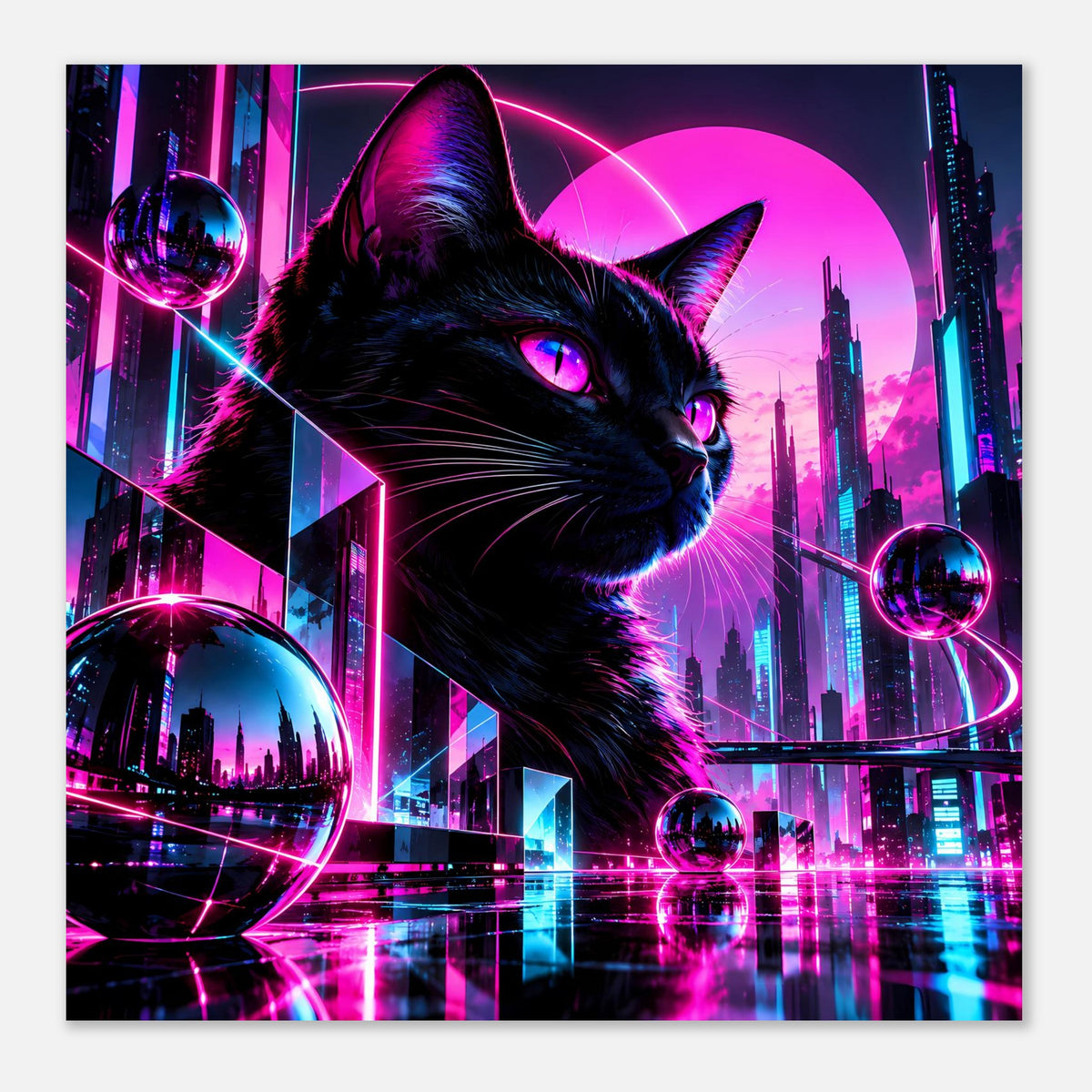 Poster mit schwarzer Katze, neonpinkem Hintergrundbogen, futuristischer Skyline und Kugeln