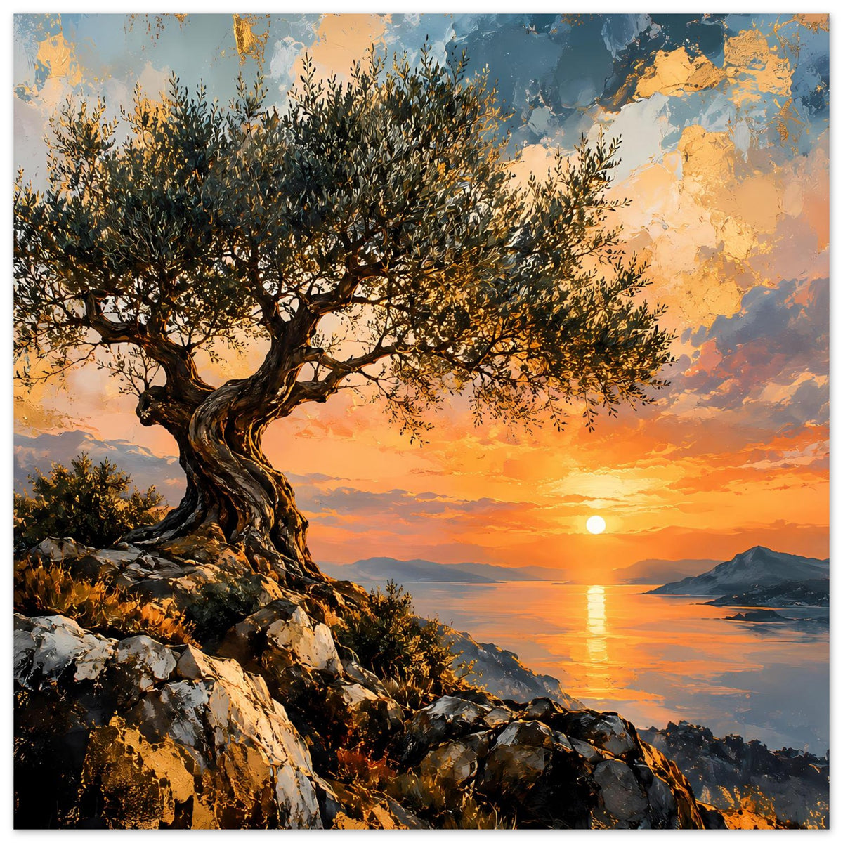 Horizontales Poster: Olivenbaumkrone über Felsen, Sonnenuntergang über Meer mit Lichtbahn