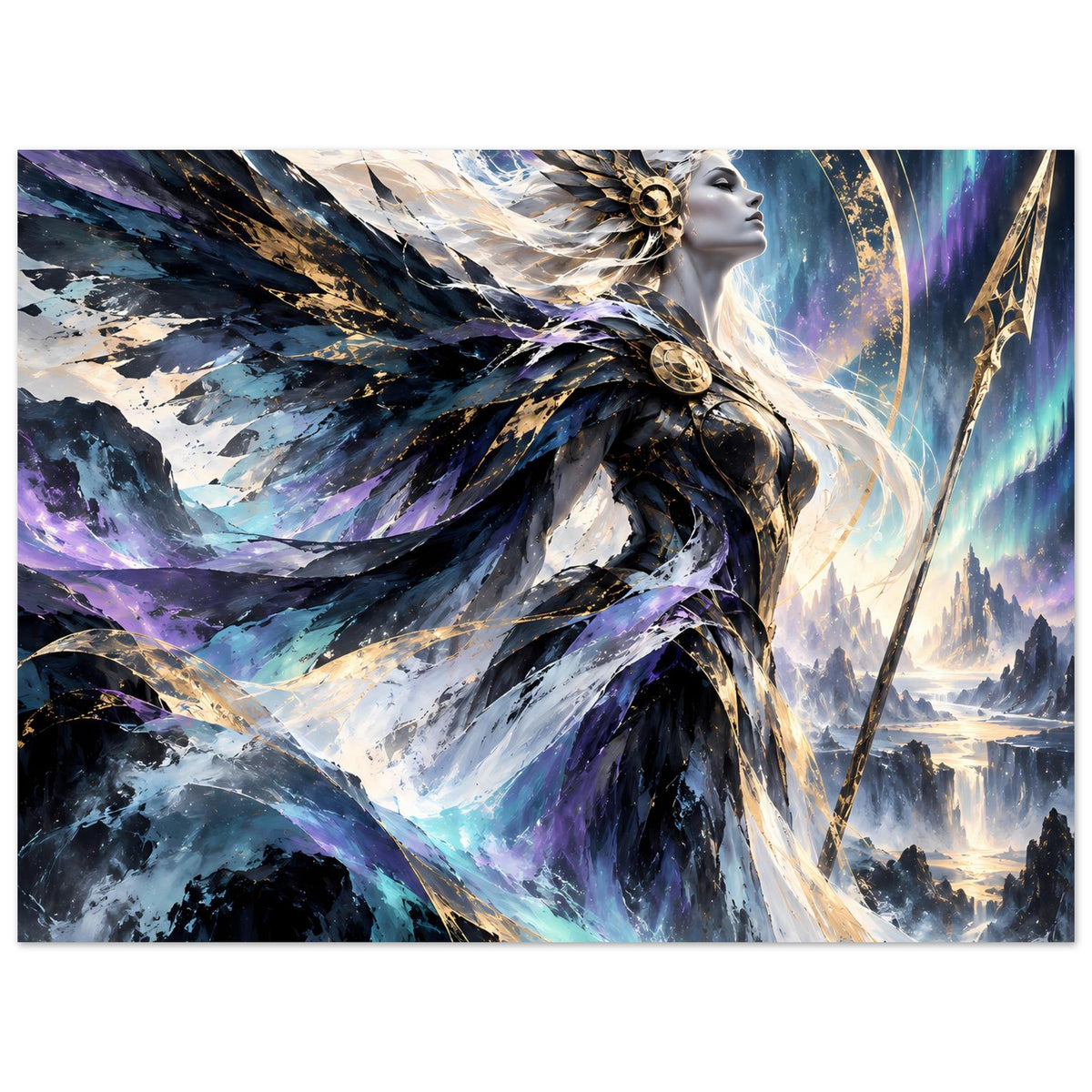 Fantasy-Göttinnen-Poster mit Frau im dunkelblauen Gewand, goldenen Ornamenten und Heiligenschein