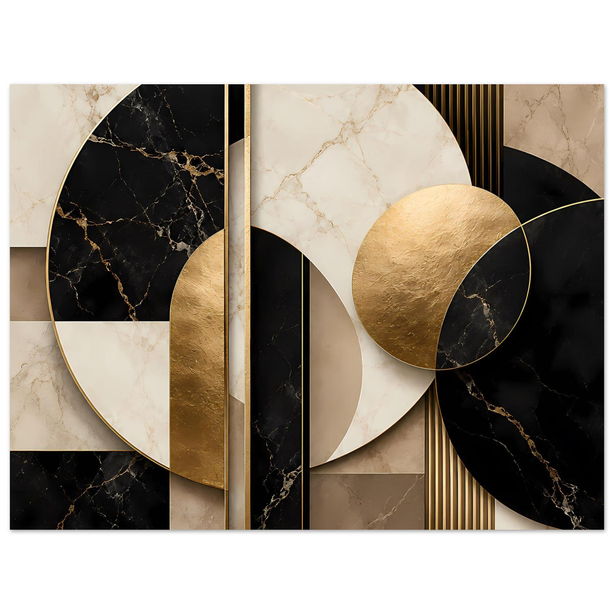 Geometrisches Marmor-Poster Querformat: goldene Kreisbögen, schwarzes und beiges Marmorbild