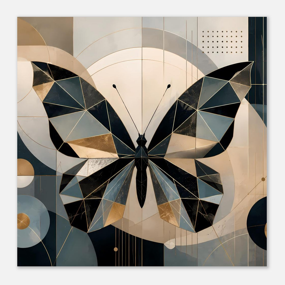 Geometrisches Schmetterlingsposter mit klaren Linien, petrolfarbene und goldene Flügelflächen.