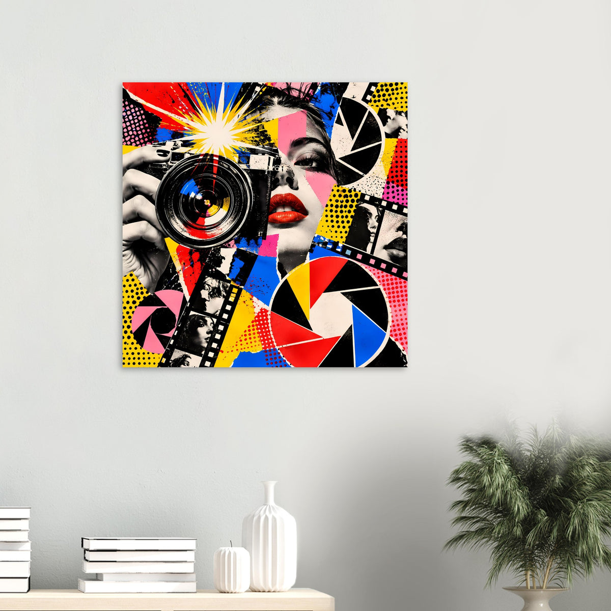 Quadratisches Pop-Art-Poster: Kamera links, Frauengesicht mit roten Lippen, kräftige Farbkanten
