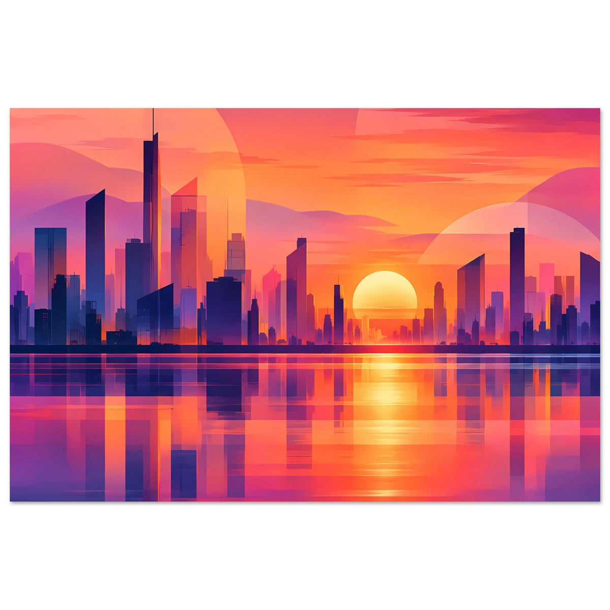 Stadtposter im Querformat, farbenfrohe Wolkenbögen über City-Skyline mit Sonnenreflexen