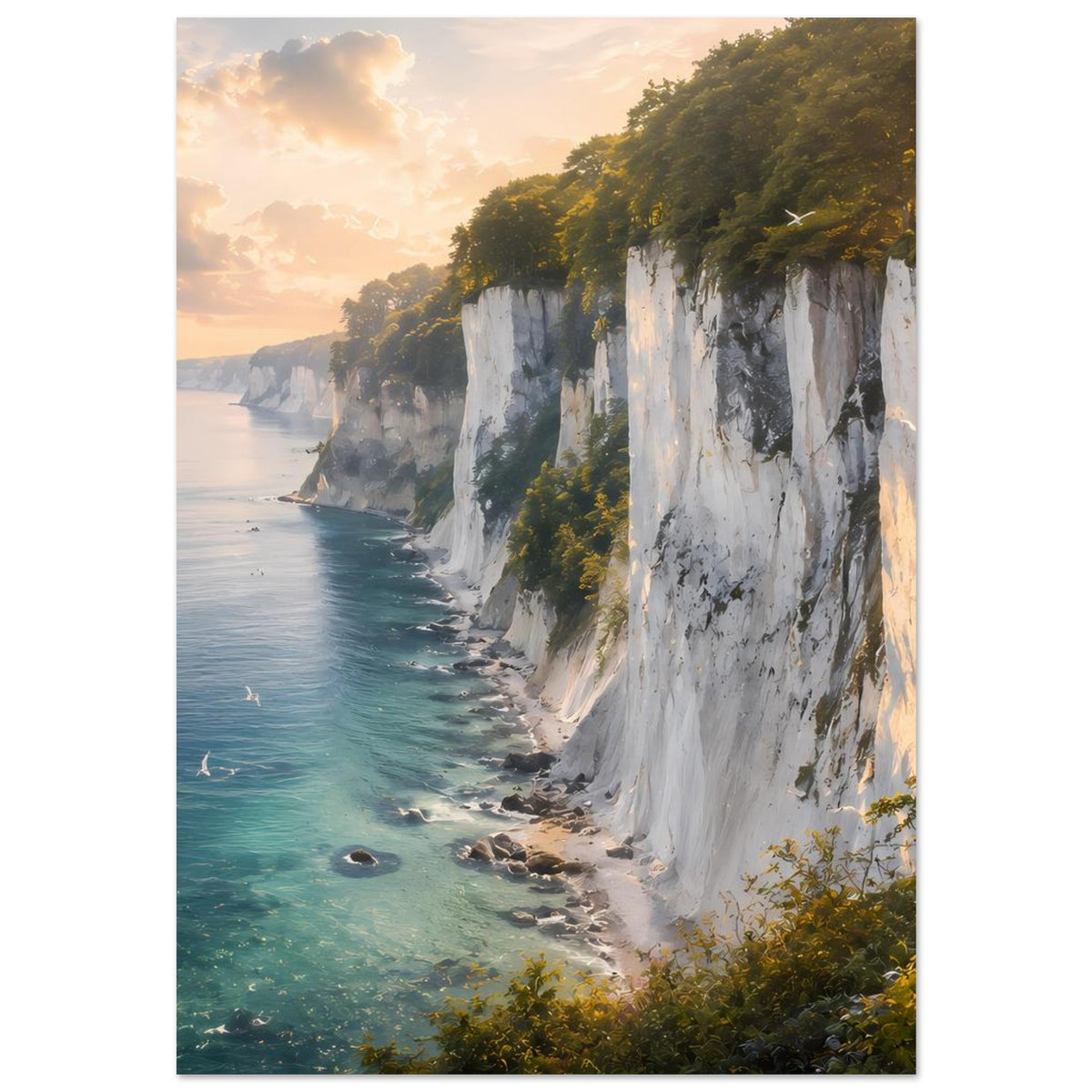 Vertikales Poster: weiße Klippen über türkisblauem Meer, grüne Büsche am Hang, Sonnenuntergang
