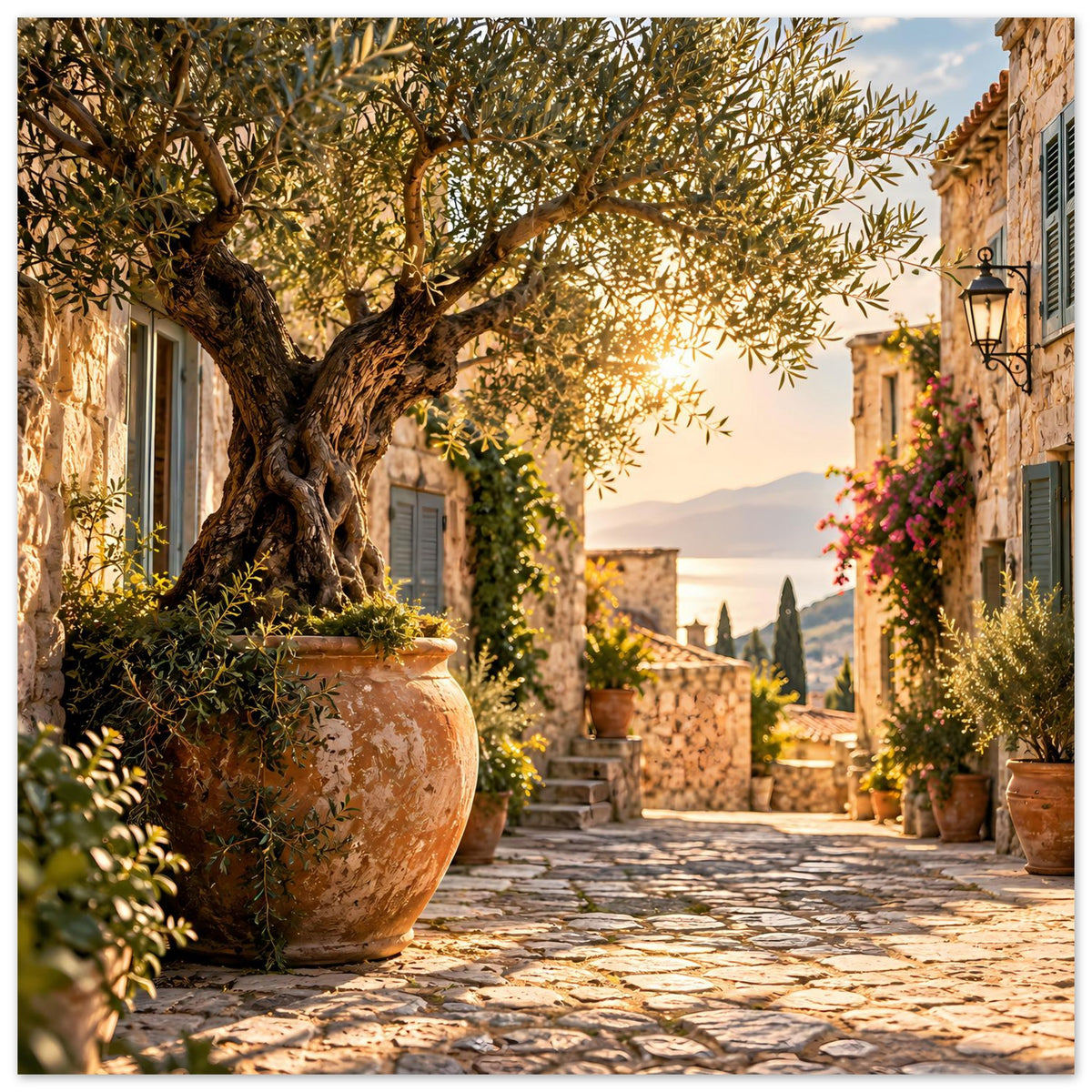 Mediterranes Fotoposter: Olivenbaum über Tongefäß, Laterne und bepflanzte Gasse