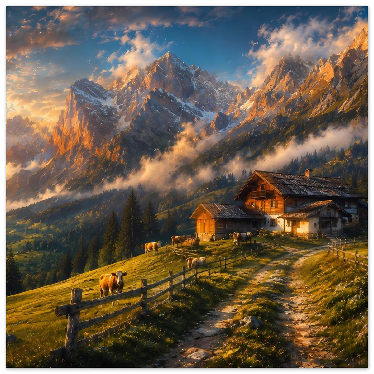 Poster mit Almhütte und Kühen auf saftiger Wiese, umrahmt von hohen Alpenbergen
